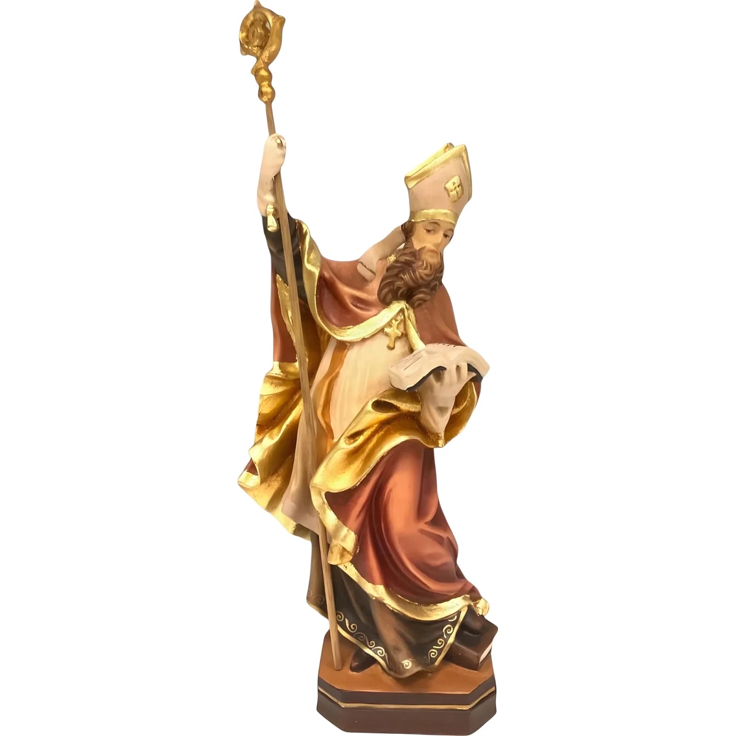 Statue of Saint Heribert Bishop with Crozier and Book, Polychrome Wood Sculpture