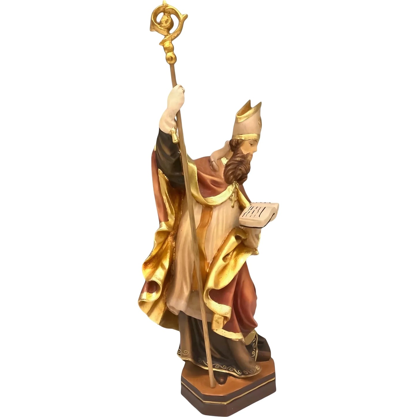 Statue of Saint Heribert Bishop with Crozier and Book, Polychrome Wood Sculpture