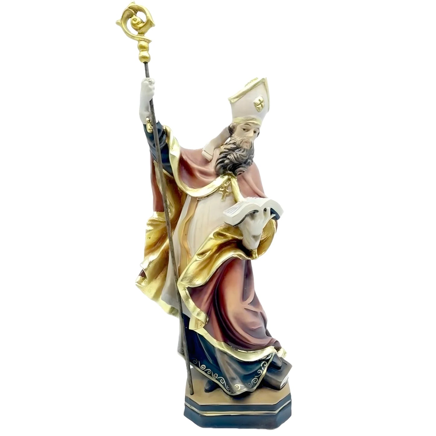 Hand Carved Wooden Statue Saint Adolph Bishop with Crozier – Val Gardena