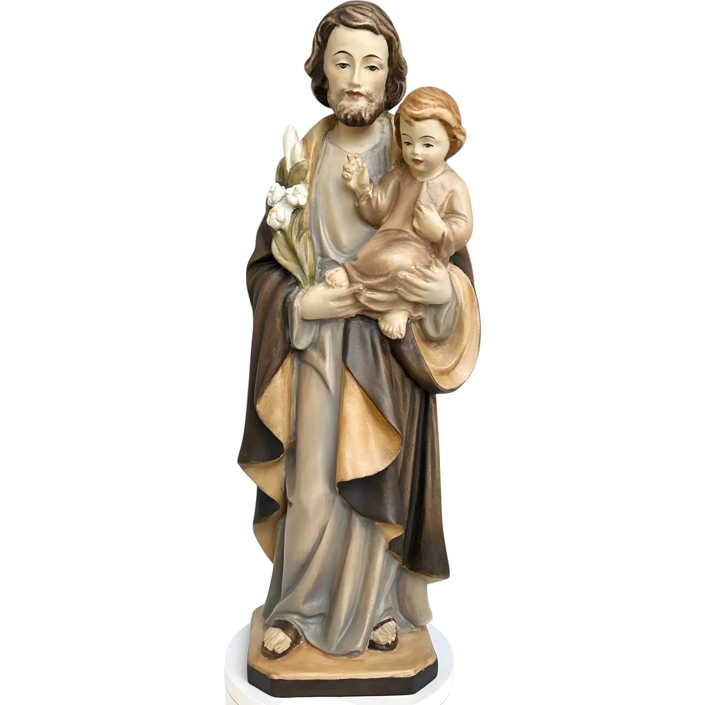 Wooden Statue Saint Joseph with Child Jesus and the Polychrome Lily