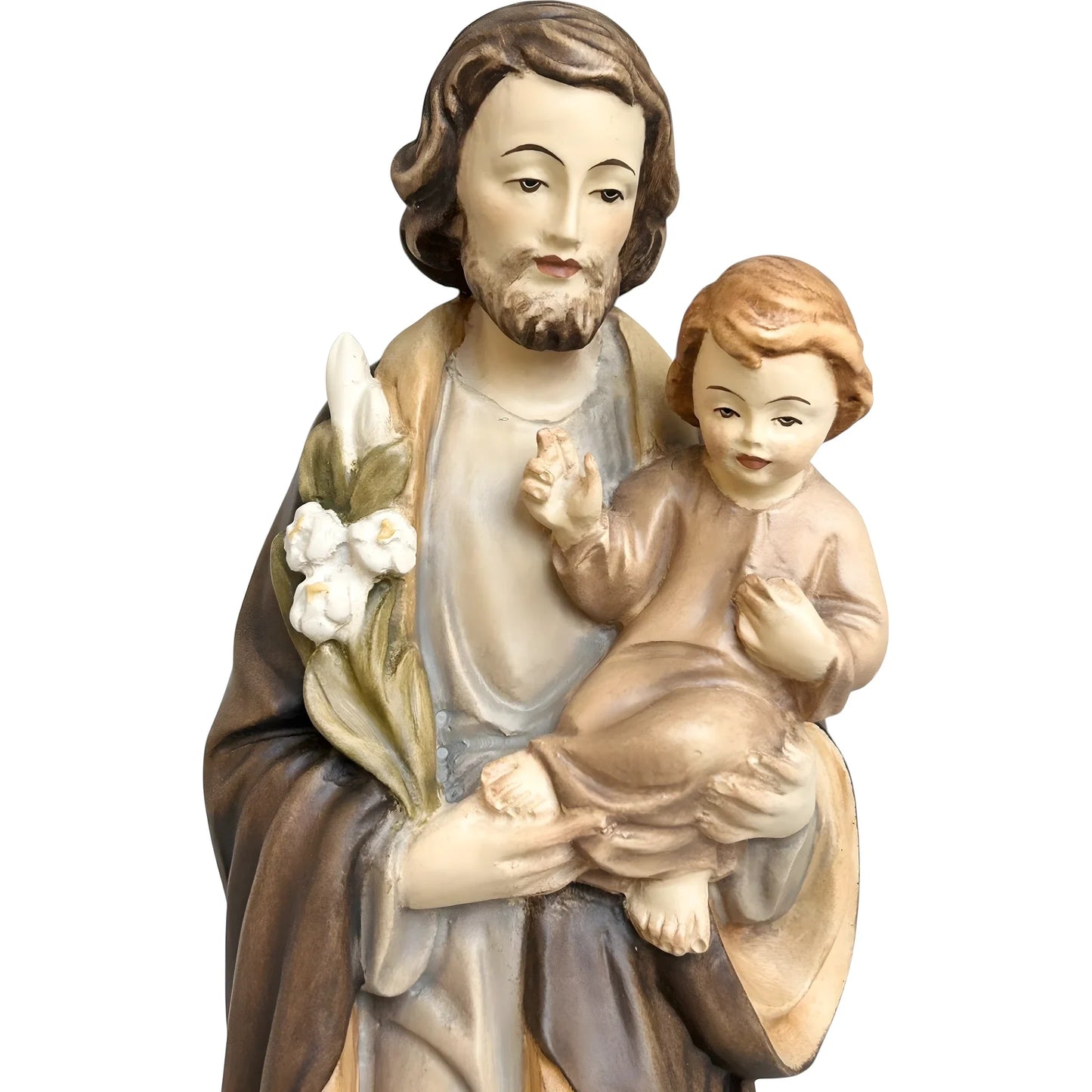 Wooden Statue Saint Joseph with Child Jesus and the Polychrome Lily