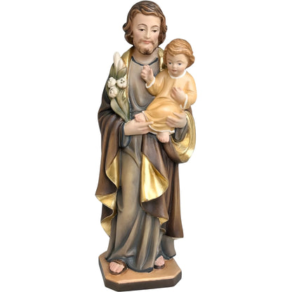 Wooden Statue Saint Joseph with Child Jesus and the Polychrome Lily
