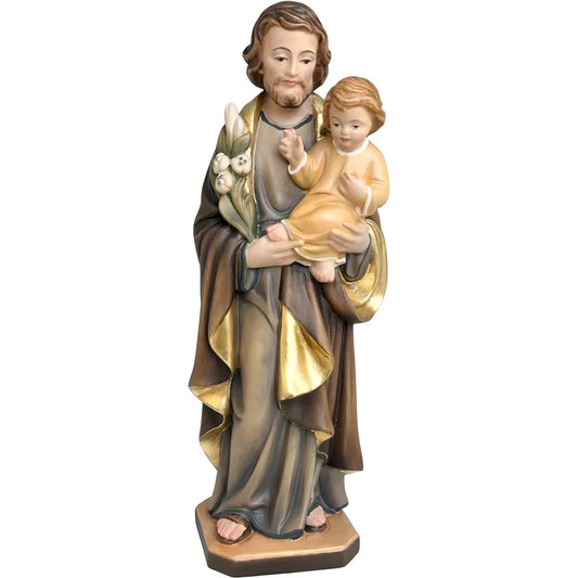 Wooden Statue Saint Joseph with Child Jesus and the Polychrome Lily