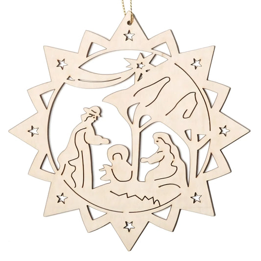 Christmas Star with Carved Holy Family Wood Decoration