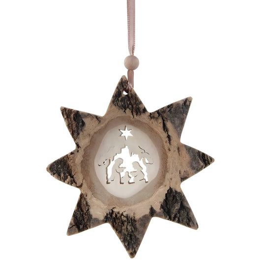 Rustic Natural Wood Christmas Star - Handmade Decoration with Nativity Scene