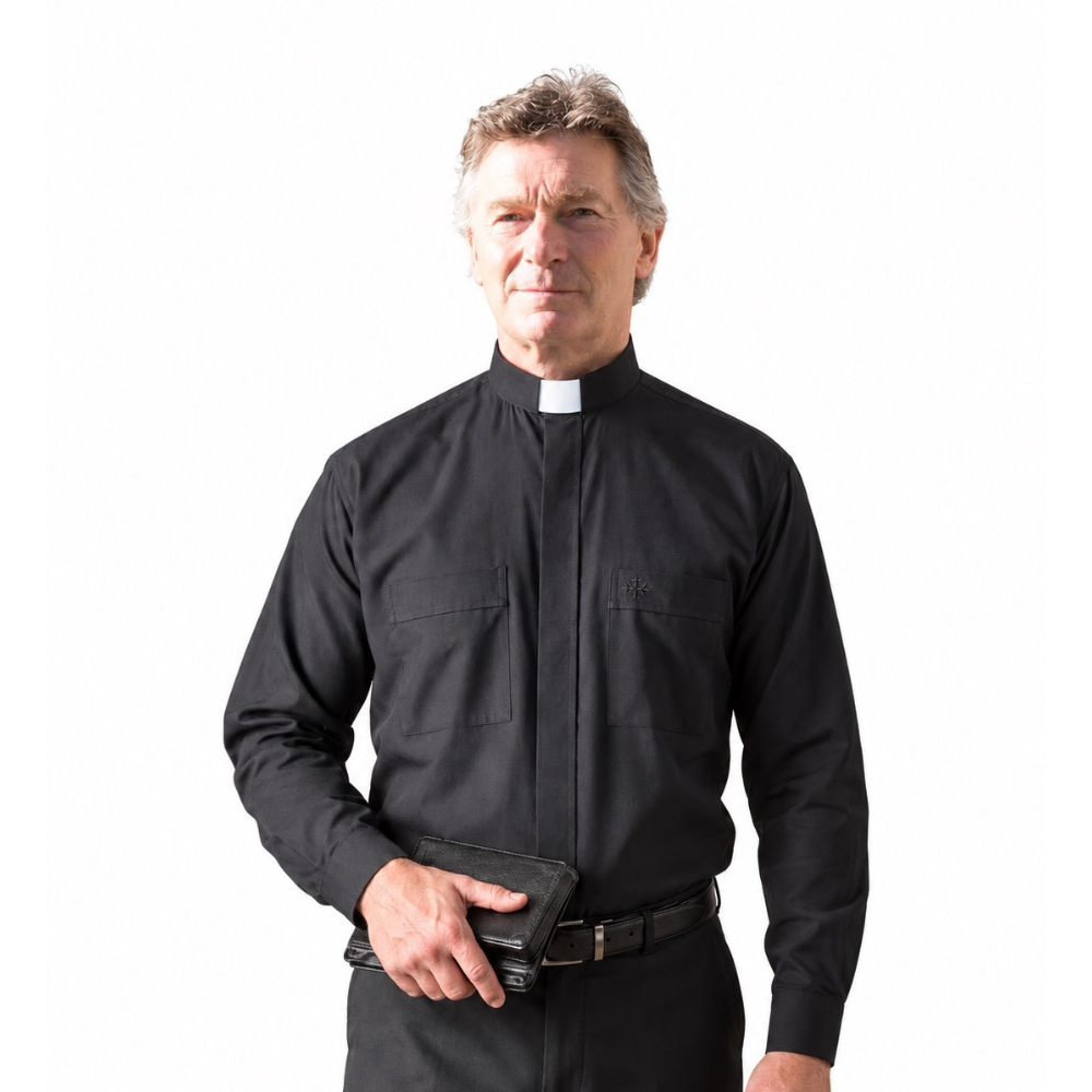 Black Poly/Cotton Rich Long Sleeve Tab Collar Shirt