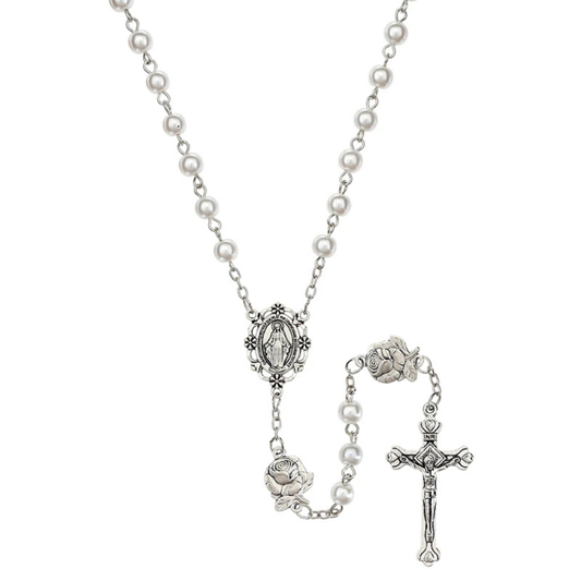 Our Lady of the Miraculous Rose White Pearl Rosary