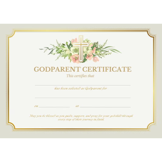 Godparent Certificate with Gold Cross & Flowers Design