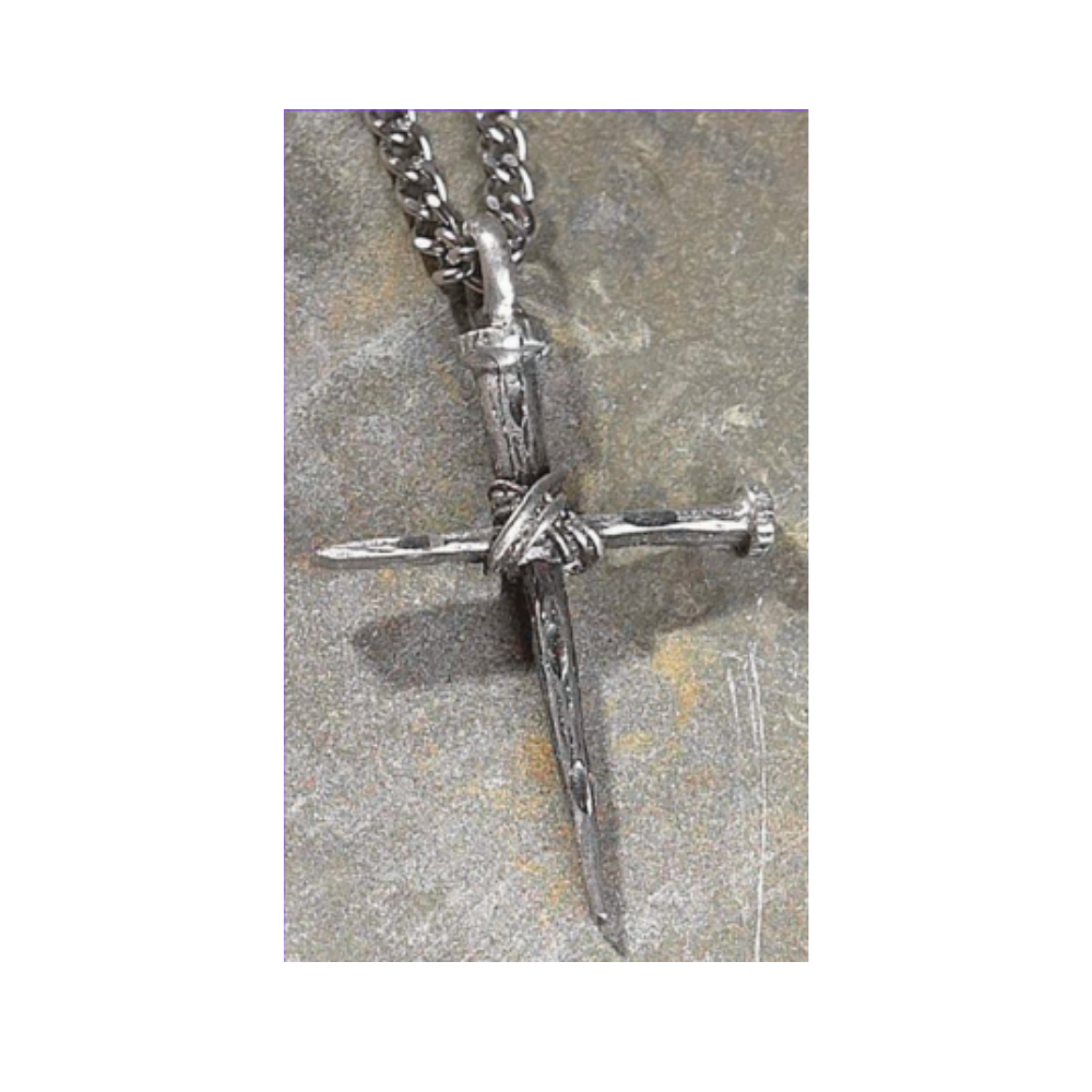 Bright Cut Pewter Nail Cross Necklace
