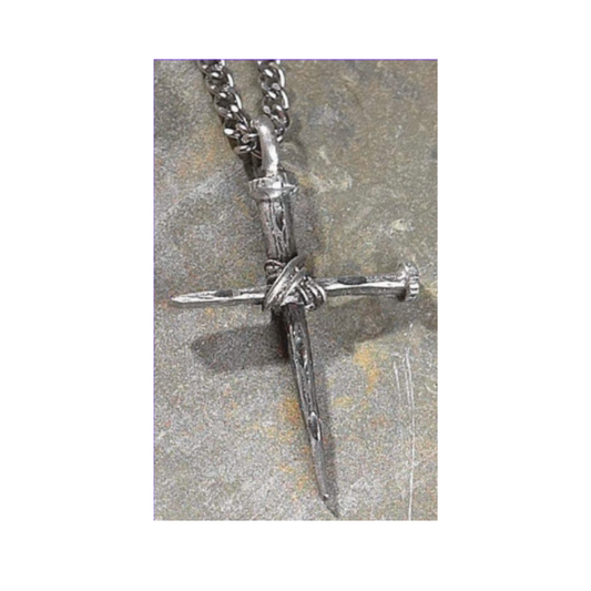 Bright Cut Pewter Nail Cross Necklace
