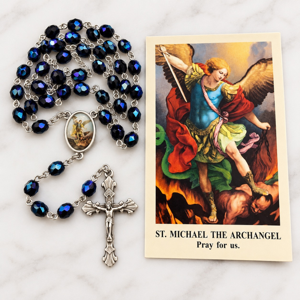 St Michael Rosary & Prayer Card – Blue/Purple Beads