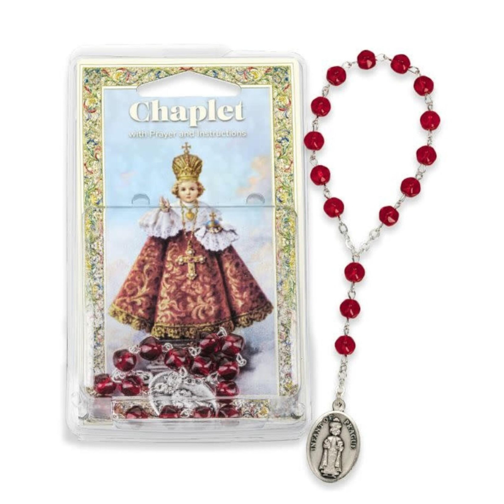 Infant of Prague Rosary & Prayer Card – Red Beads