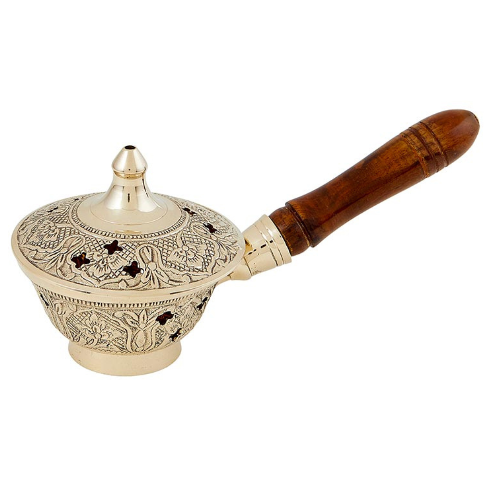 Ornate Incense Burner with Wood Handle