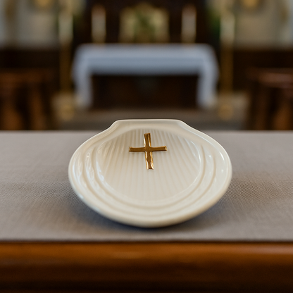 White Porcelain Baptismal Shell with Gold Cross