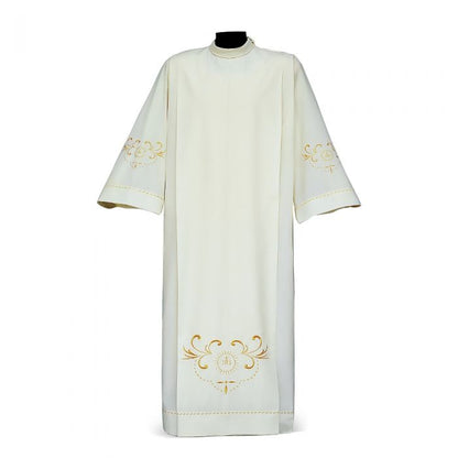 IHS Ivory Alb with Embroidered Eucharistic Monogram