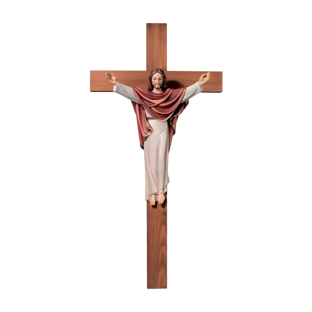 Risen Christ the King Statue on Cross – Handcrafted Wood Sculpture Val Gardena