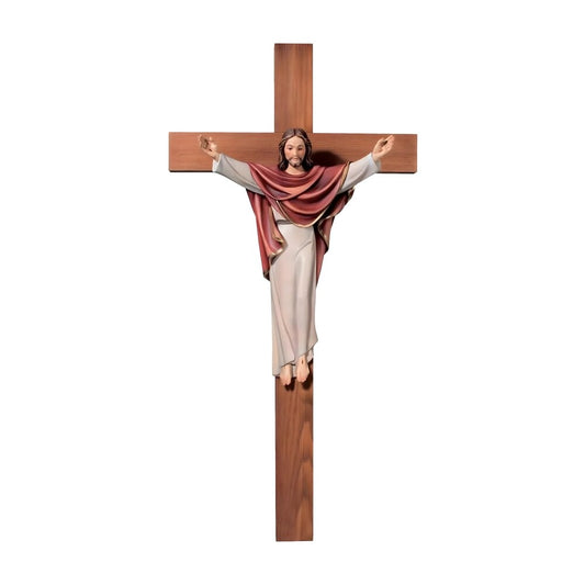 Risen Christ the King Statue on Cross – Handcrafted Wood Sculpture Val Gardena