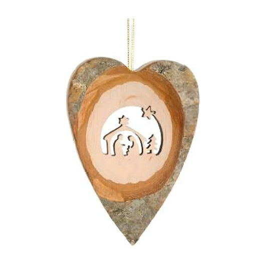 Stylised Nativity Decorative Heart in Maple Wood