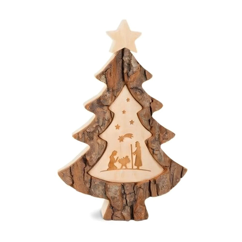 Maple Wood Christmas Tree with Engraved Handicraft Nativity Scene