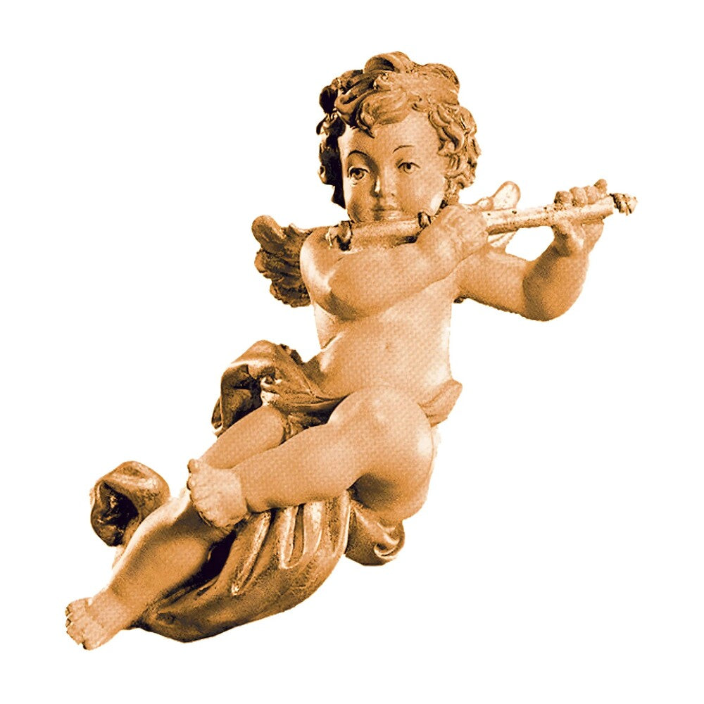Winged Musician Putto with Flute | Val Gardena Handcrafted Wood Carving