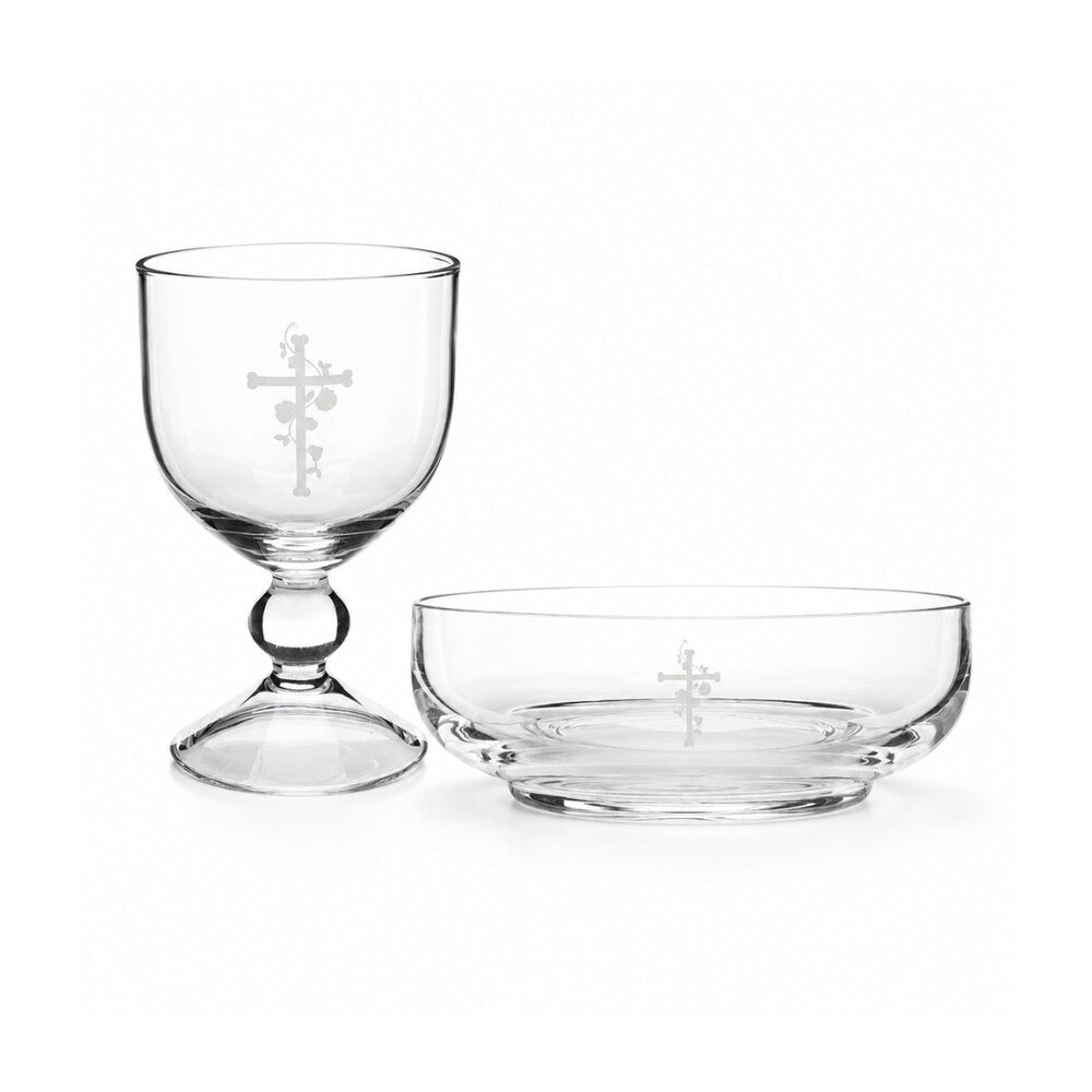 Engraved Cross Glass Chalice & Bowl Set