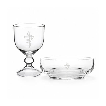 Engraved Cross Glass Chalice & Bowl Set