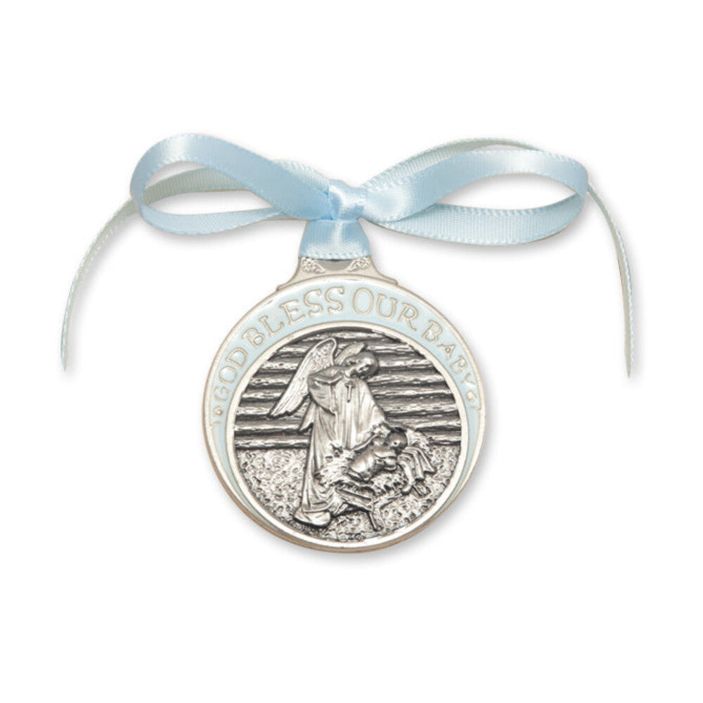 Pewter Baby in Manger Crib Medal with Blue Ribbon