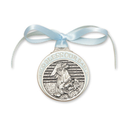 Pewter Baby in Manger Crib Medal with Blue Ribbon