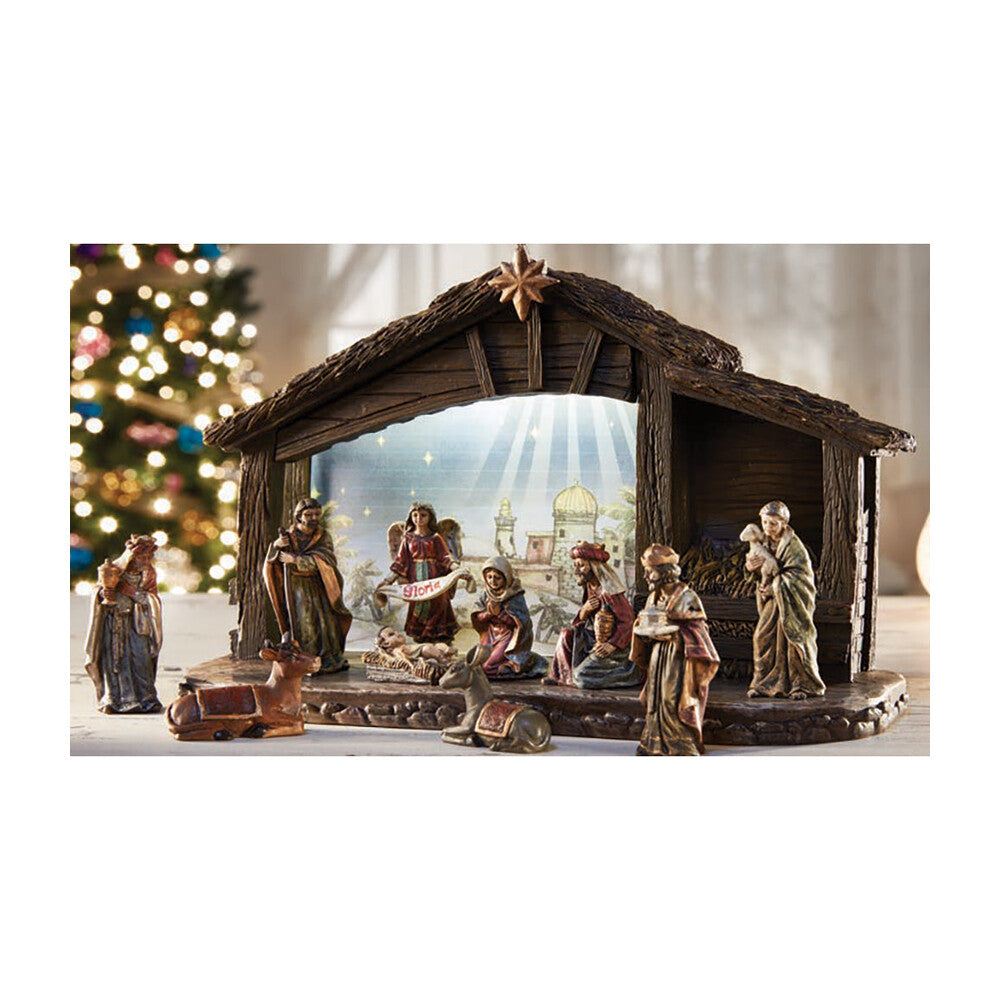 3" High 11 Piece Nativity Set with 8" High Stable