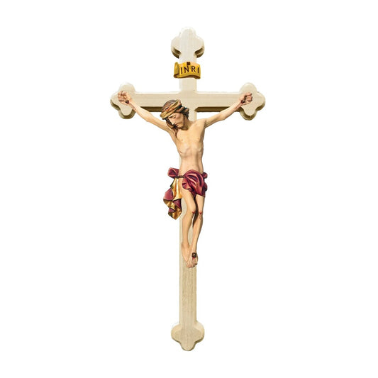Crucifix with Christ and Baroque Stylized Cross, Carved in Val Gardena Wood