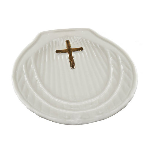 White Porcelain Baptismal Shell with Gold Cross