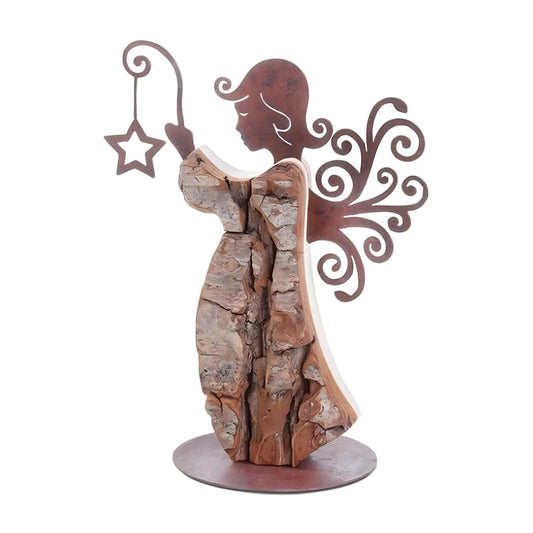 Stylized Val Gardena Angel in Natural Wood and Bark with Burnished Metal Effect Details
