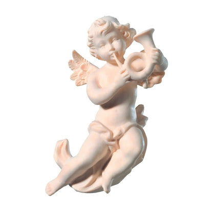 Winged Cherub Musician with Horn | Flying Angel Wooden Sculpture