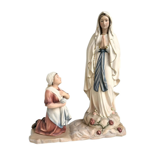 Statue Madonna of Lourdes with Bernadette in Val Gardena Wood