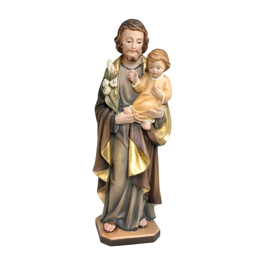 Wooden Statue Saint Joseph with Child Jesus and the Polychrome Lily