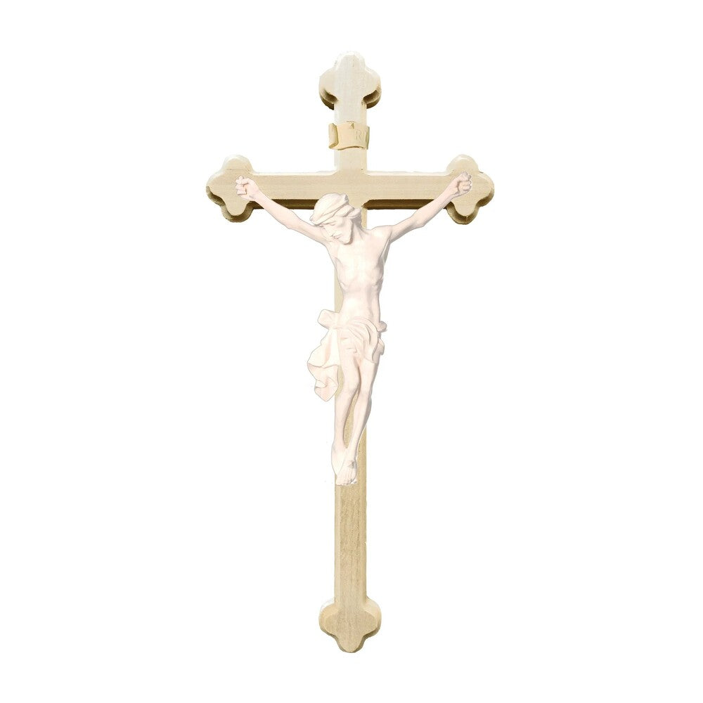 Crucifix with Christ and Baroque Stylized Cross, Carved in Val Gardena Wood