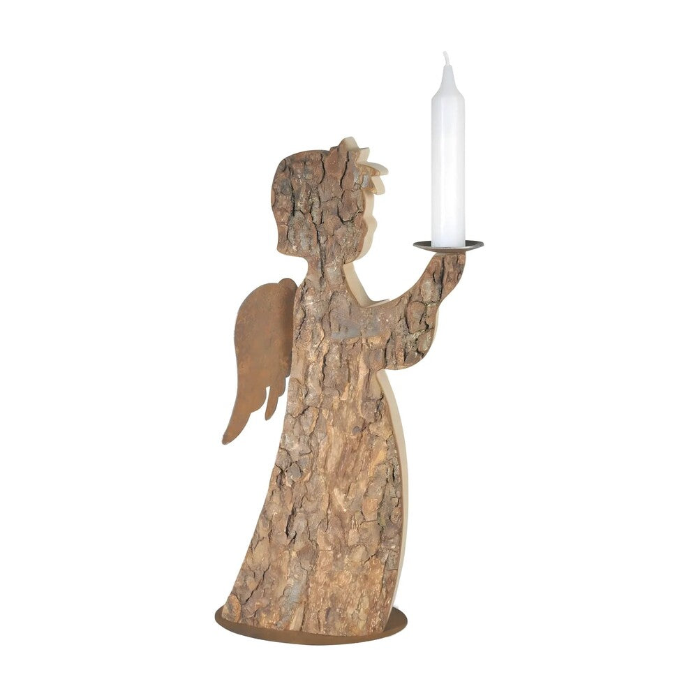 Stylized Angel Candle Holder in Natural Bark and Maple Wood, 29 cm
