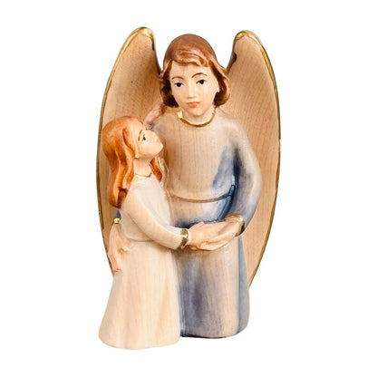 Guardian Angel Sculpture with Girl in Val Gardena Maple Wood