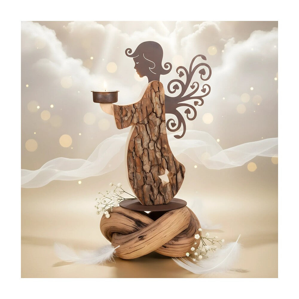 Handcrafted Stylized Candlestick Angel in Maple Wood and Metal