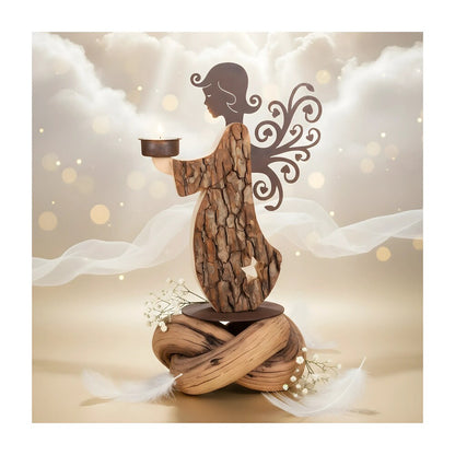 Handcrafted Stylized Candlestick Angel in Maple Wood and Metal