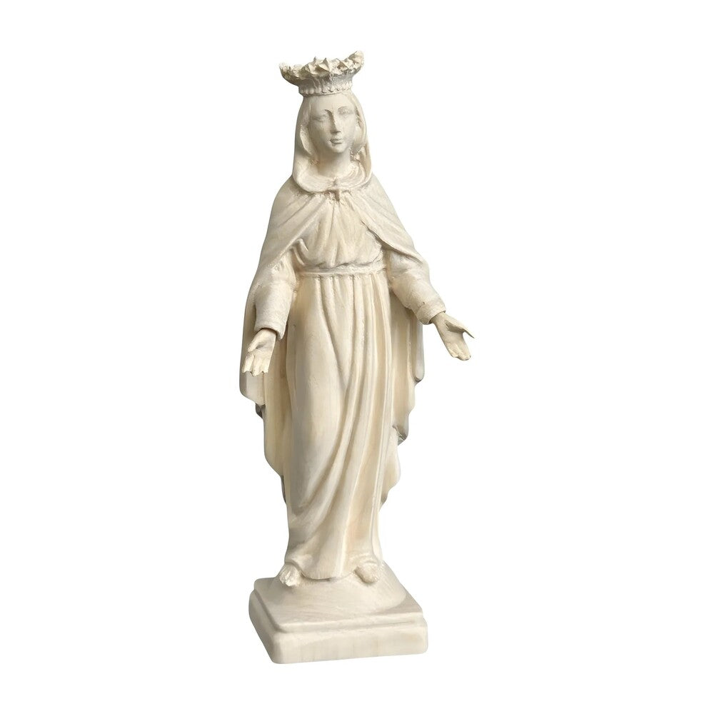 Statue Madonna with Crown and Welcoming Gesture, Val Gardena Wood Sculpture