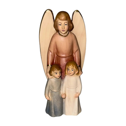 Guardian Angel with Children: Maple Wood Sculpture from Val Gardena