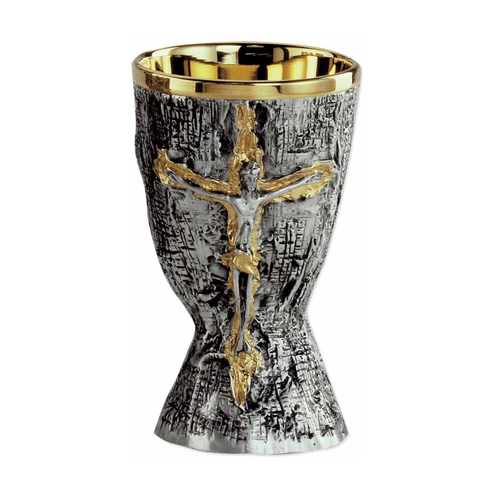 5 1/2" High Heavily Textured Crucifix Brass Chalice