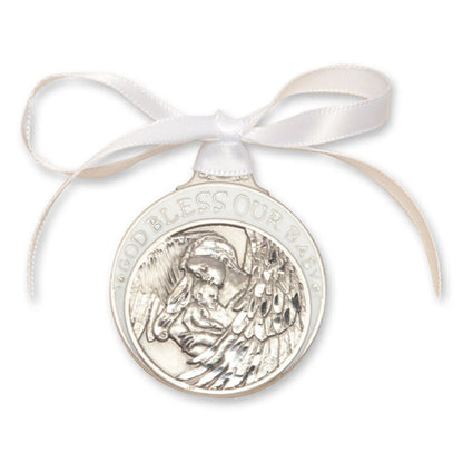 Pewter Baby w/Angel Crib Medal with White Ribbon