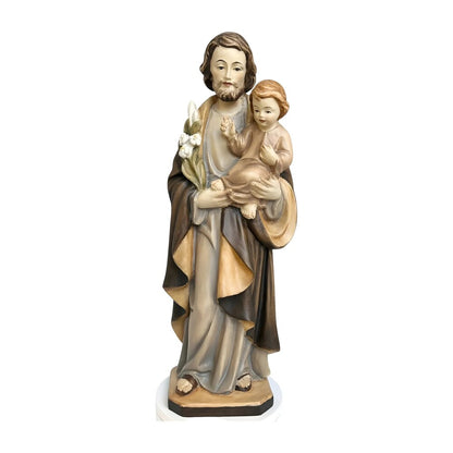 Wooden Statue Saint Joseph with Child Jesus and the Polychrome Lily