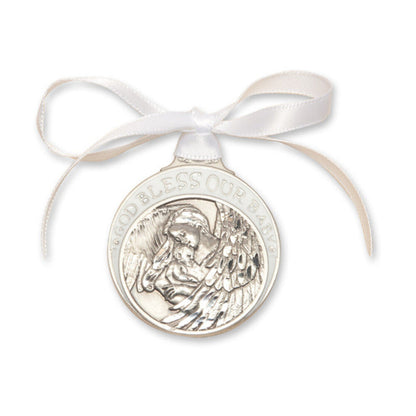 Pewter Baby w/Angel Crib Medal with White Ribbon
