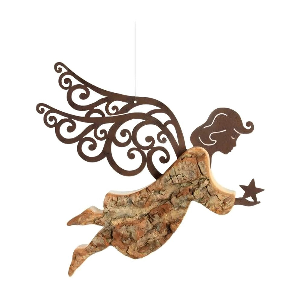 Modern-Style Angel with Wings: Natural Wood and Copper Hanging Sculpture