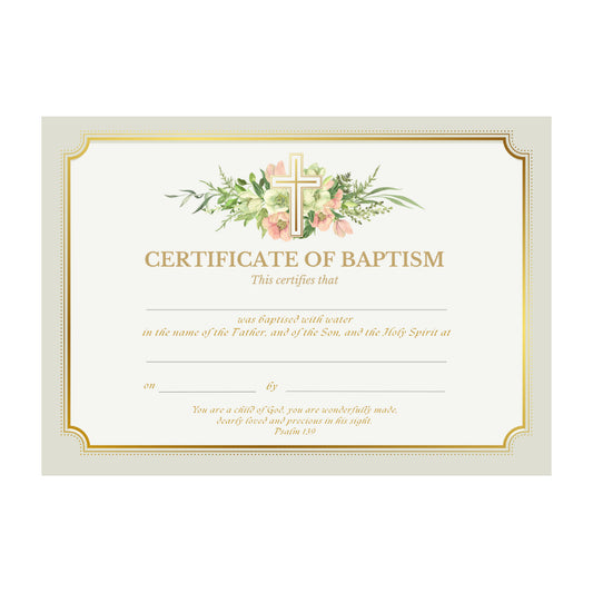 Baptismal Certificate with Gold Cross & Flowers Design