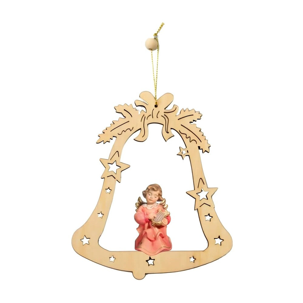 Seraphic Angel with Harp in Maple Wood in a Bell - Gardena Valley Christmas Ornament