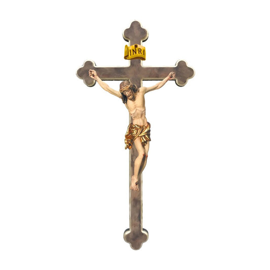 Maple Wooden Crucifix on Baroque Cross, Oil Painted